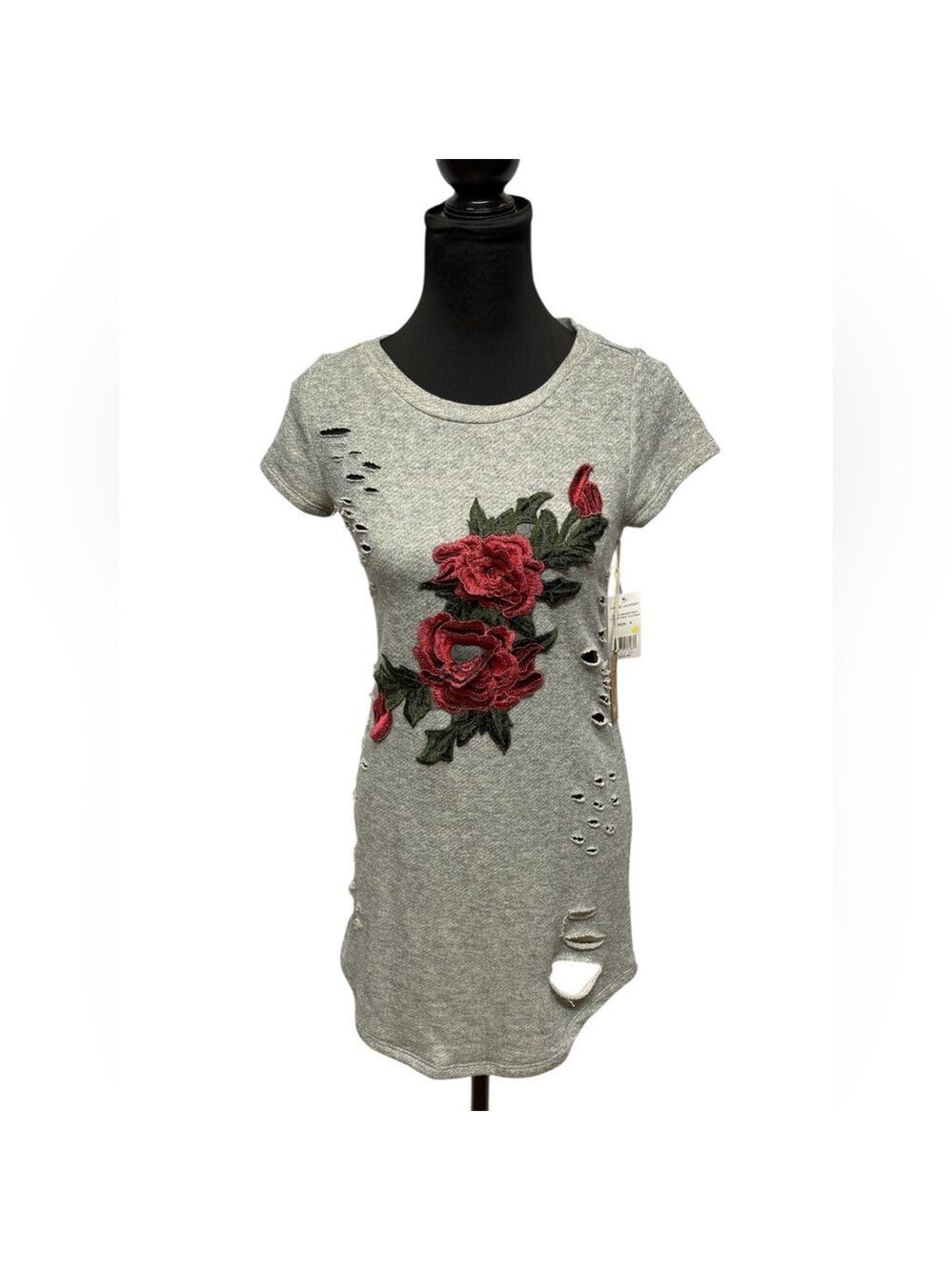 Hippie Laundry Distressed Rose Embroidered T-Shirt Dress Gray Size S NWT